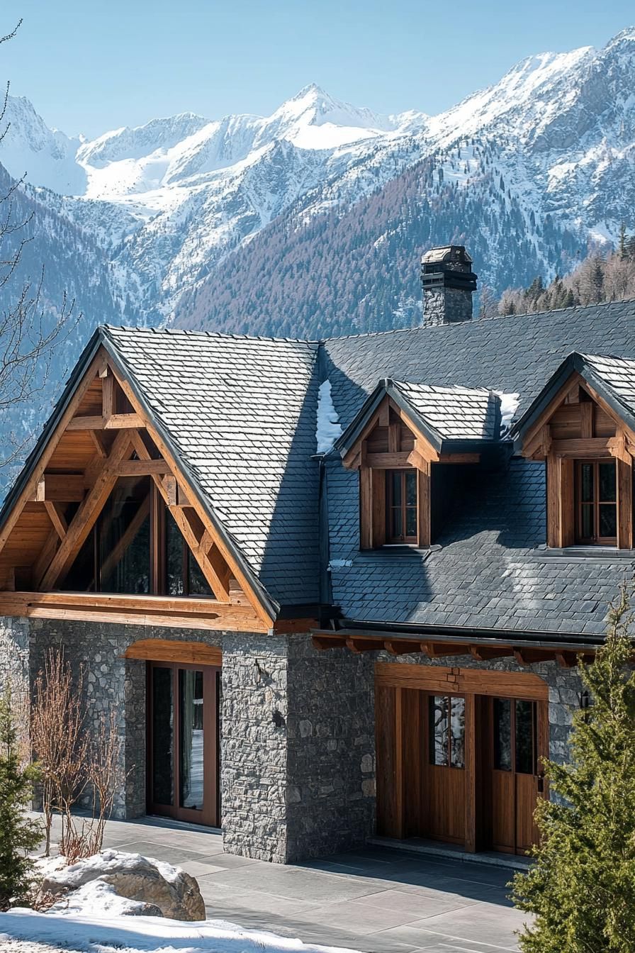 modern French chalet house with Slate Roof With Dormer Windows and Intricate Wood Carvings snowy Alps in the background
