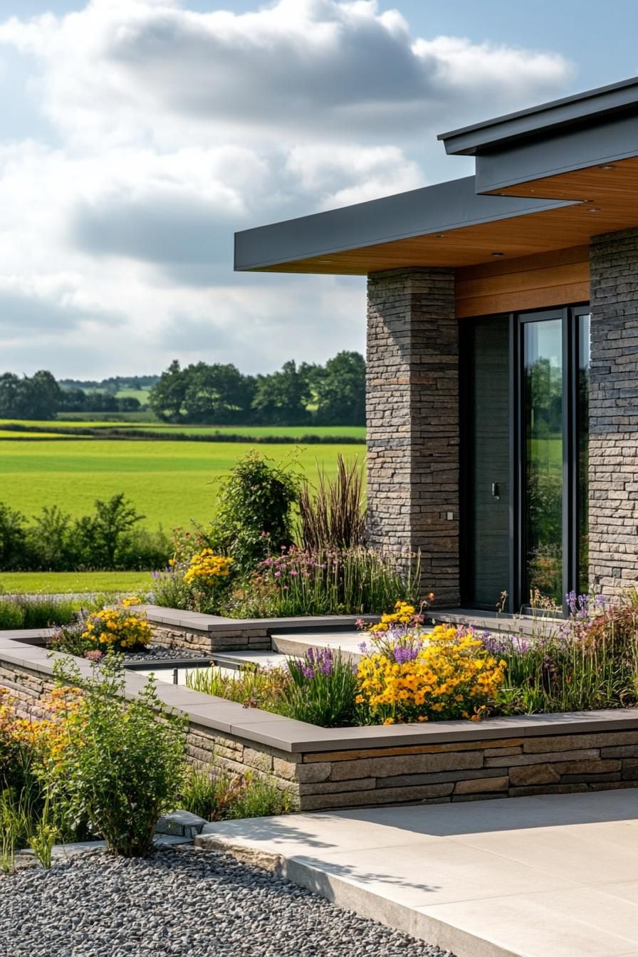 modern 70s style house front yart with stacked stone flower beds in summer stunning green fields in the background 2