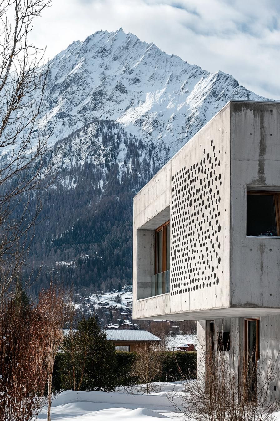 modern house with perforated precast concrete facade imposing snowy mountain in the background 1