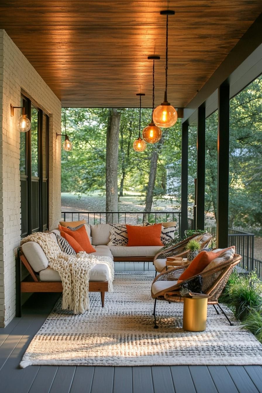 mid century modern house front porch with mid century lighting fixtures and seating draped with throw blanket 3