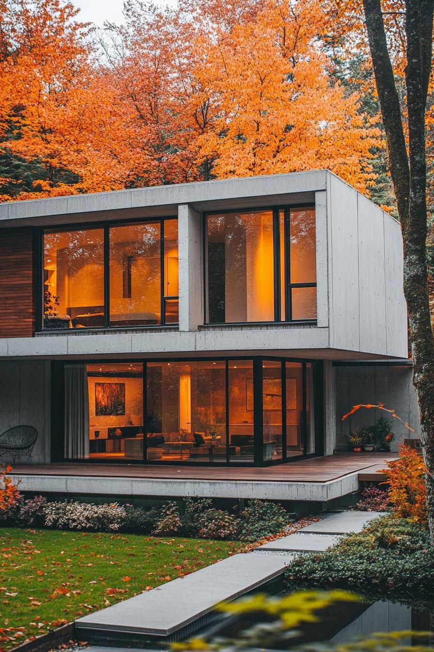 modern 90s style house concrete facade with large windows autumn maple forest in the background 1