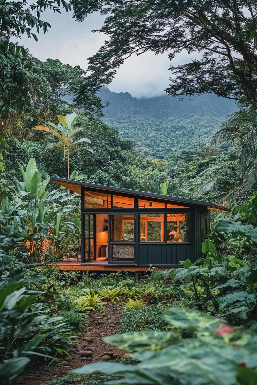 tiny mid century modern cabin exterior with clerestory windows in tropical forest with a mountain in the background 2