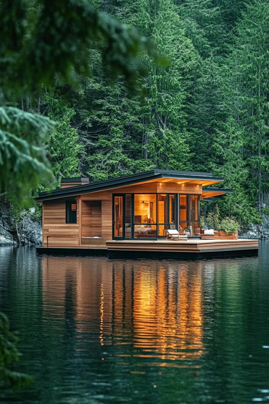 modern timber floating cabin house on a lake surrounded by lush pine forest 1