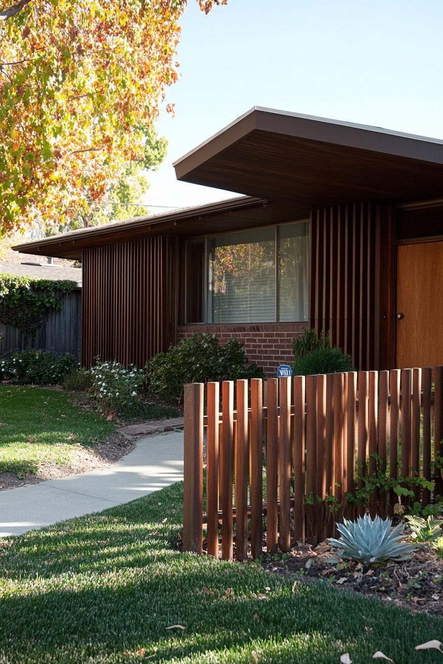 modern 70s style geometric house facade yard with vertical slat fencing in suburban neighborhood in spring 2