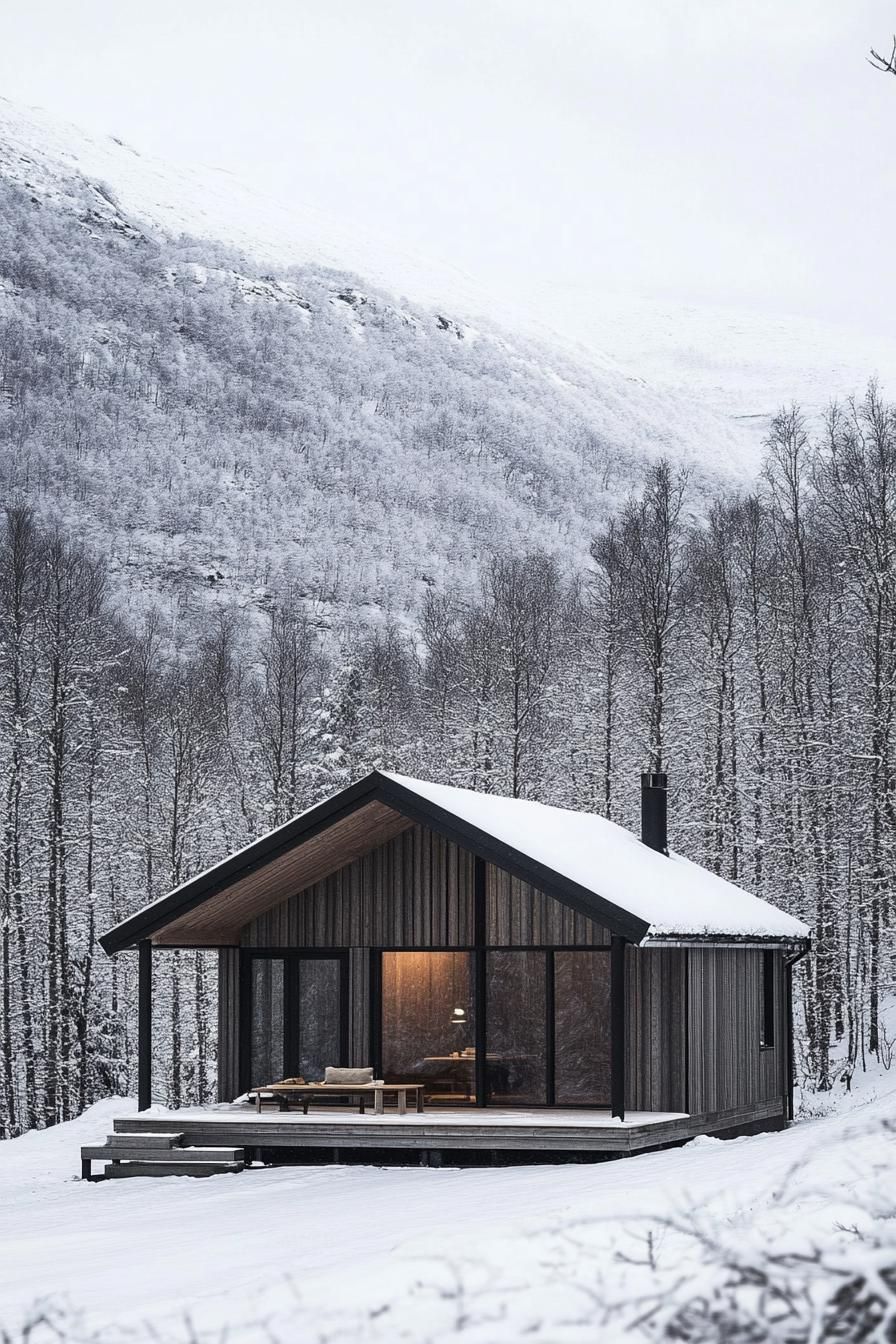 modern prefab Scandinavian minimalist cabin in stunning Scandinavian mountains
