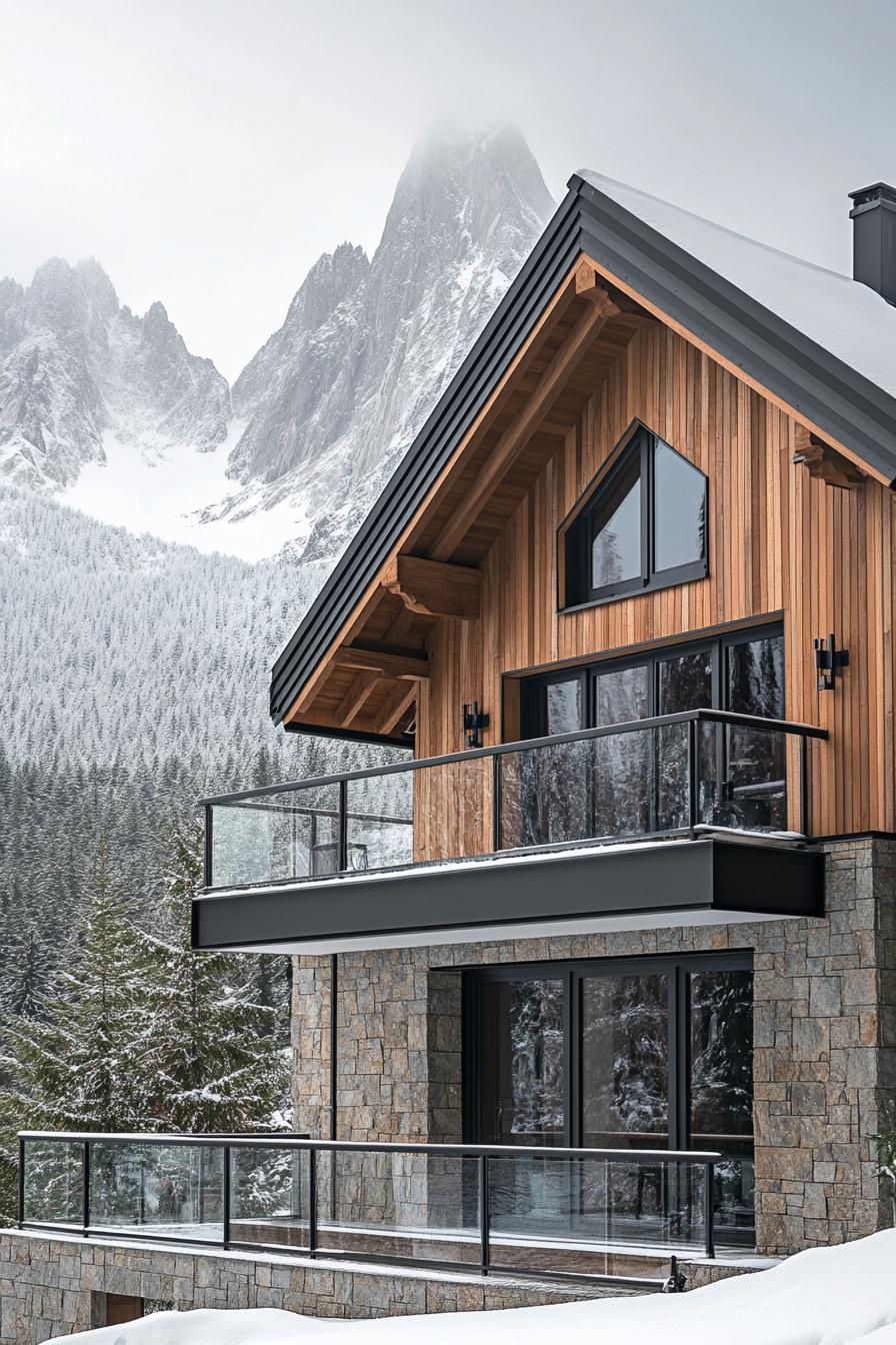modern French chalet house facade with wooden cladding and glass railings stunning snowy mountain in the background