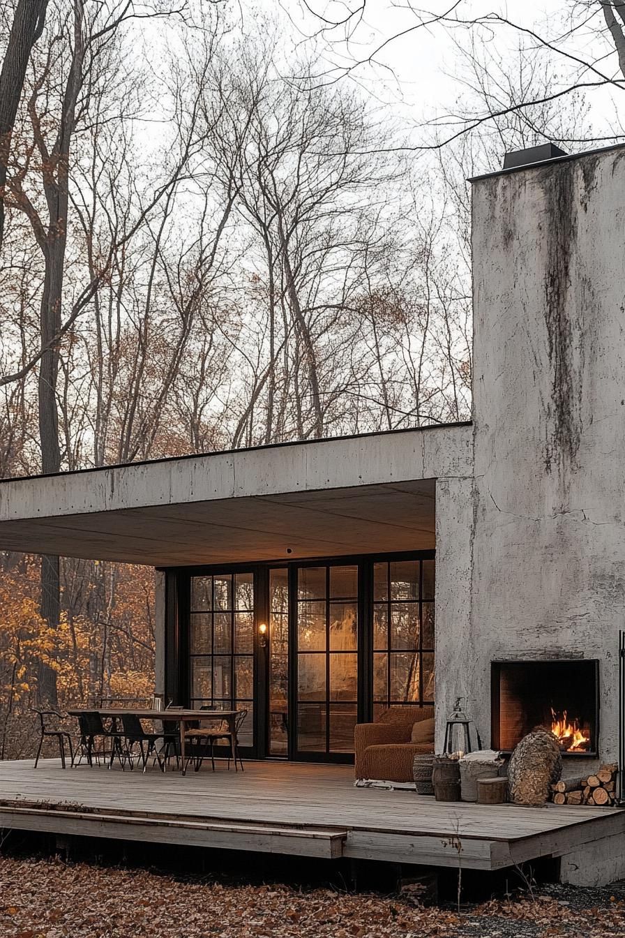 modern house with precast conrete facade built on an old factory with preserved chimney porch with cozy furniture leafless trees in the background in late autumn 1