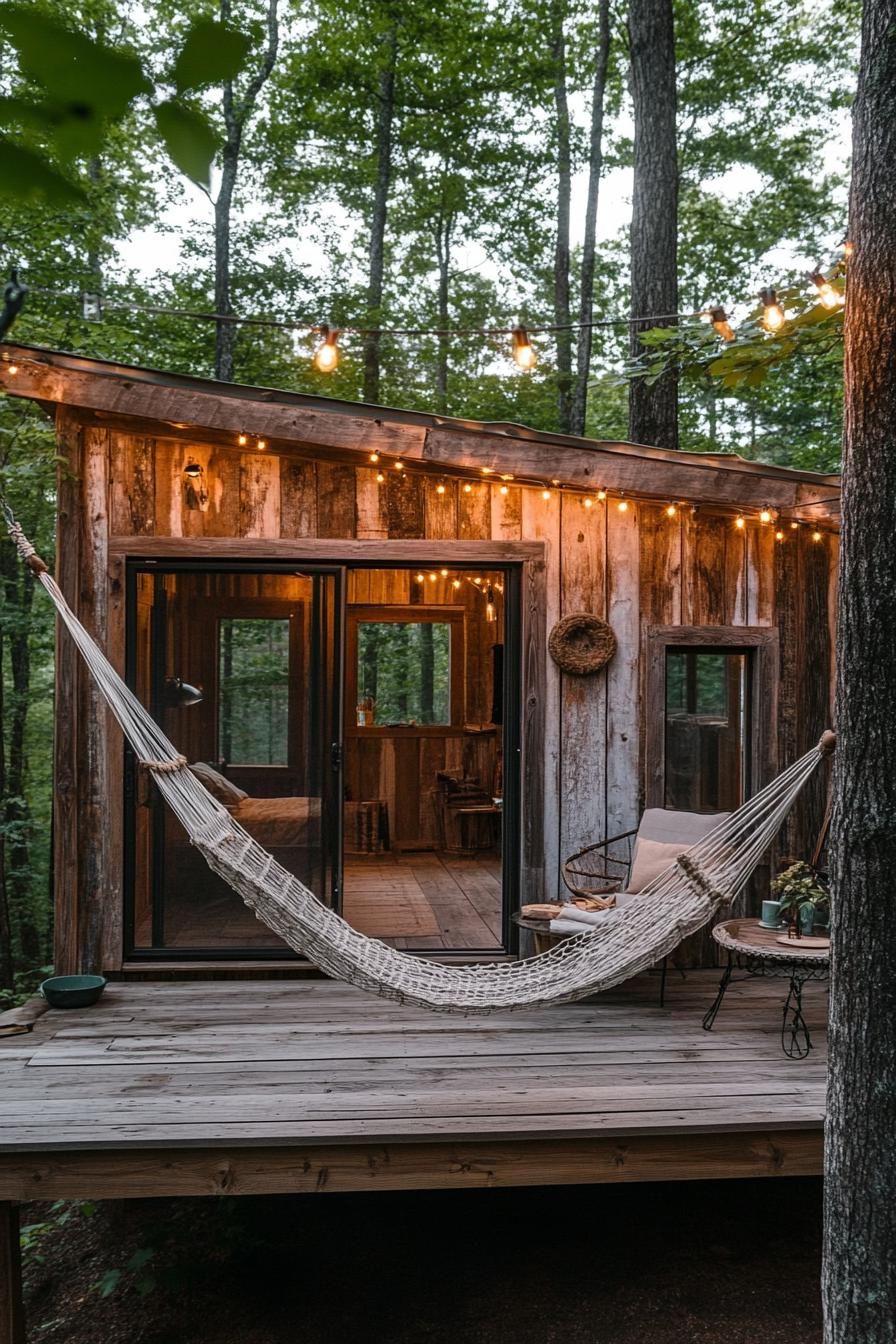 modern weathered timber cabin with porch and hammock string lights natural tree shade boho vibes 2