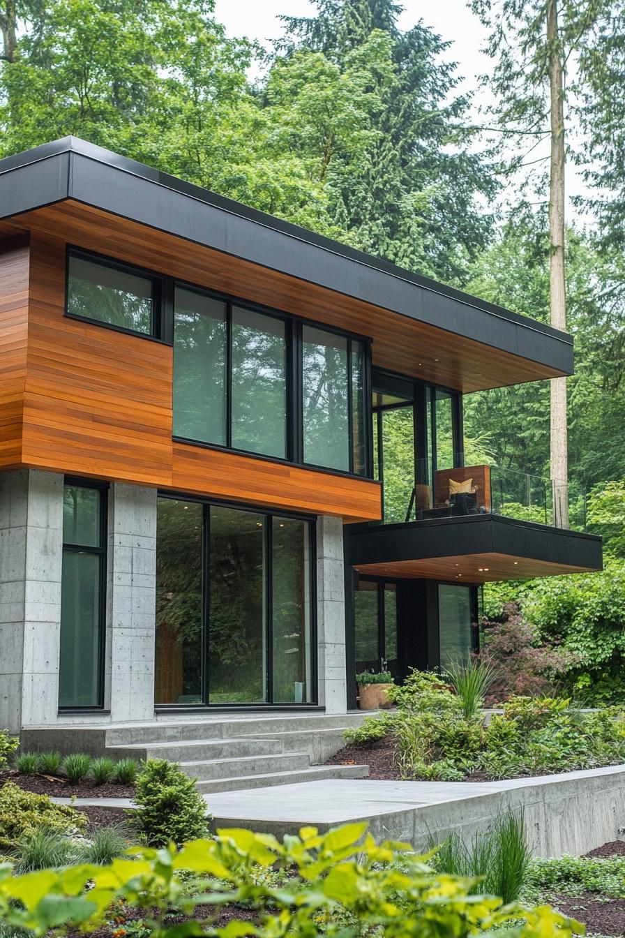modern house with precast concrete facade with faux wood grain texture lush green forest in the background 1