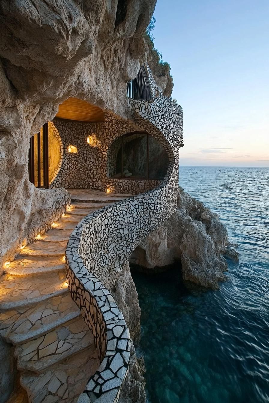modern earth bermed house facade built into a cave with stone mosaic walls in stunning ocean side cliffs 3