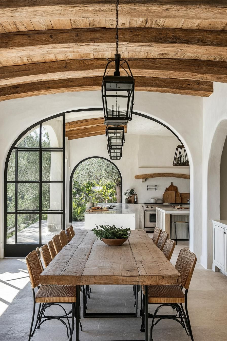 rustic spanish dining area interior white stucco walls arches wooden ceiling with beams hardwood floor large rustic wooden table with chairs