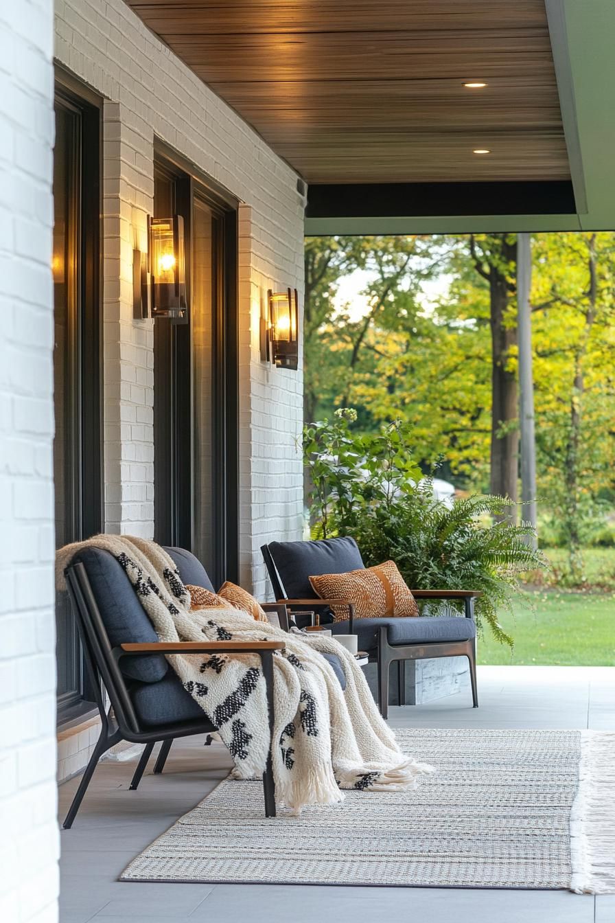 mid century modern house front porch with mid century lighting fixtures and seating draped with throw blanket 2