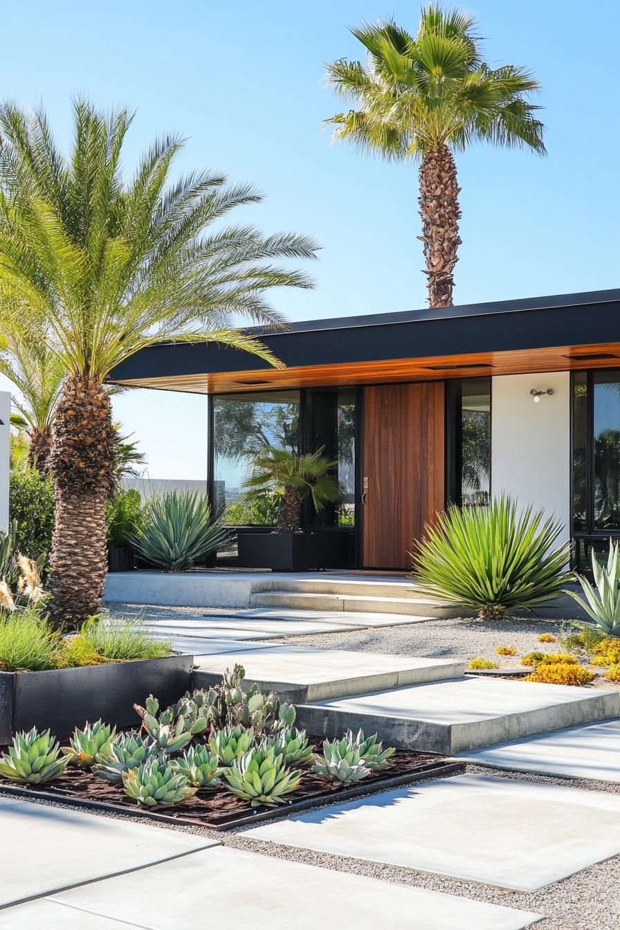 mid century modern house front porch with succulent planters with palm trees in the yard 1