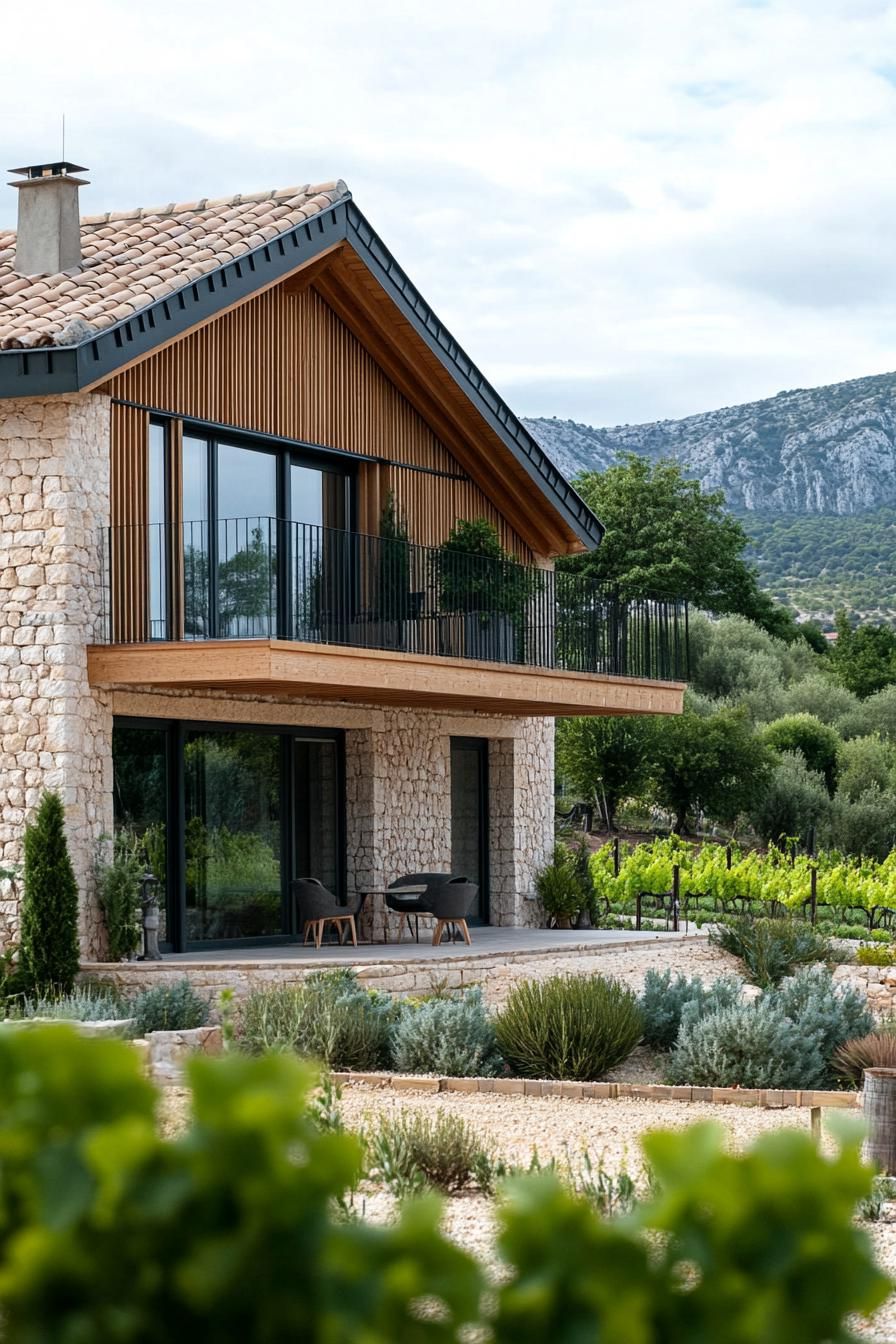 modern French chalet house facade with geometric stone ground floor and timber chalet second floor provencal vineyard in the background 2