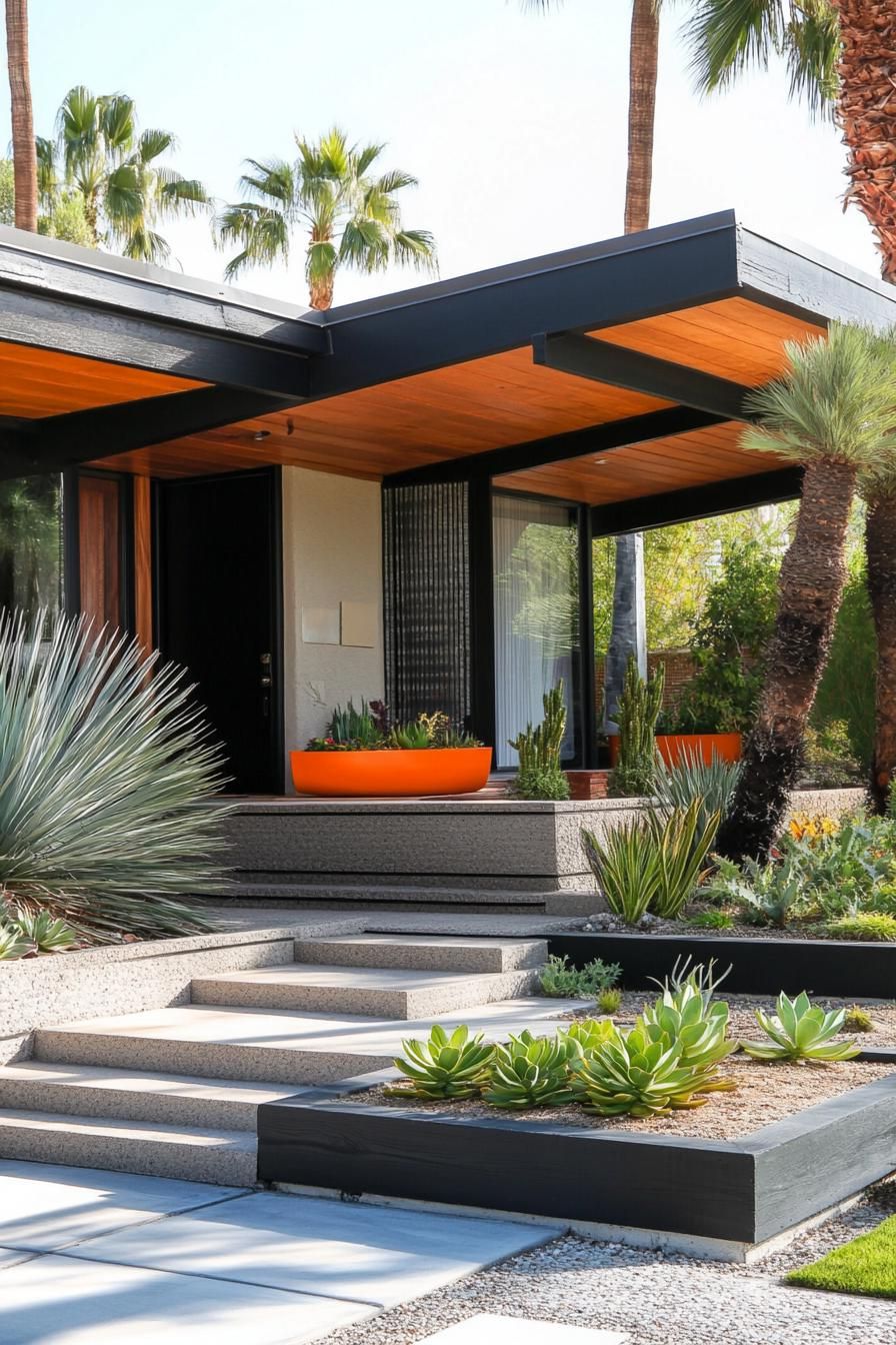 mid century modern house front porch with succulent planters with palm trees in the yard 2