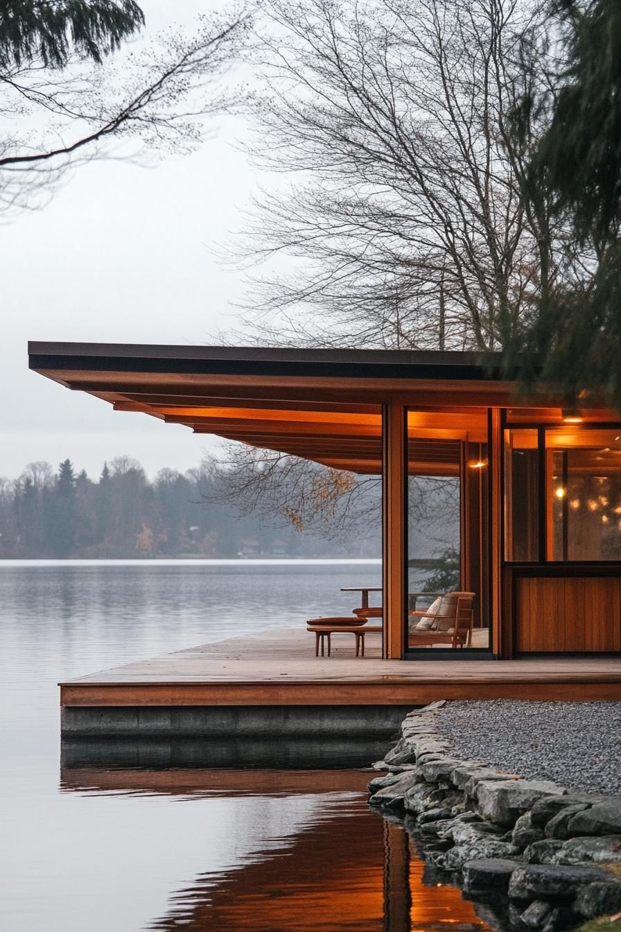 mid century modern cabin with flat roof and large overhangs stunning lakeside views