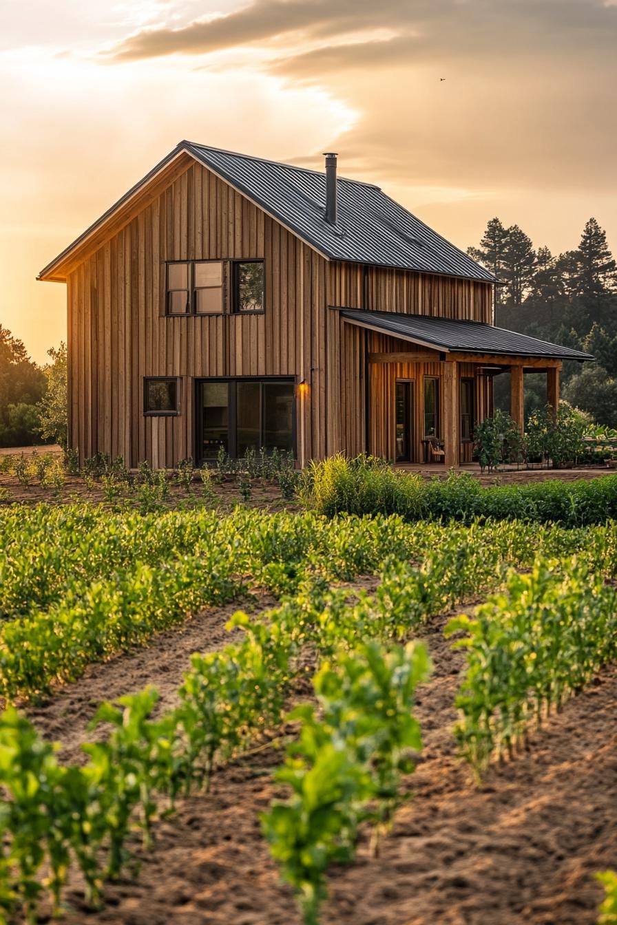 rural modern house exterior rustic wood paneling with metal frontal view neat young crop fields in the foreground 2