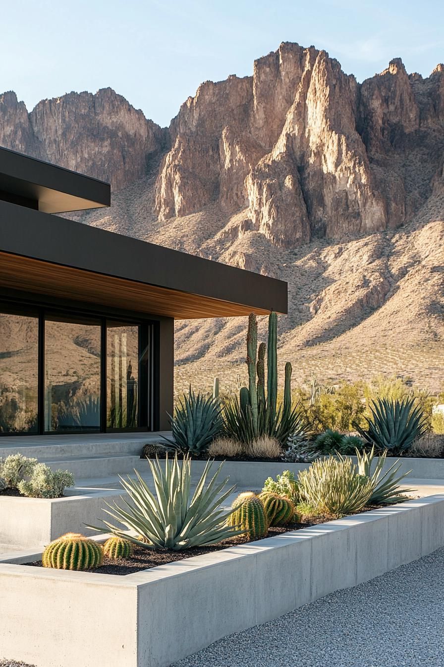 modern 70s style house front yard with cement planter boxes stunning arid mountain landscape in the background 1