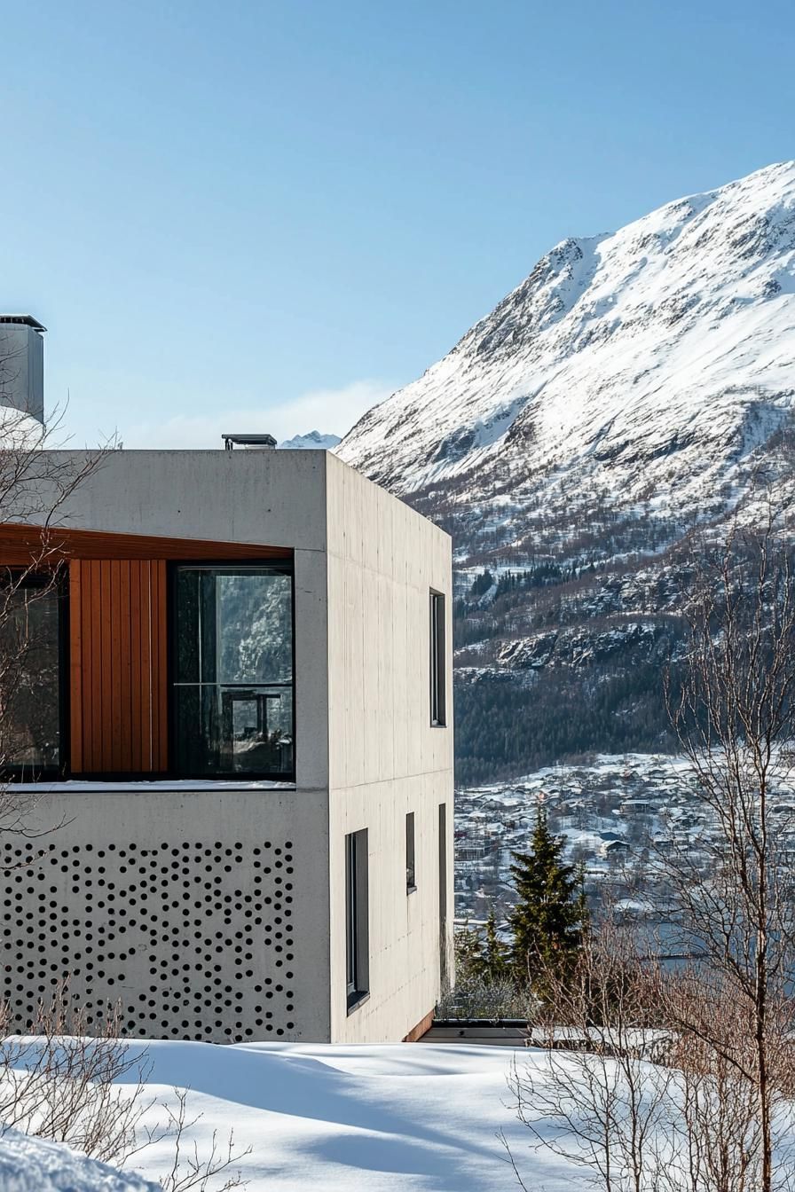modern house with perforated precast concrete facade imposing snowy mountain in the background