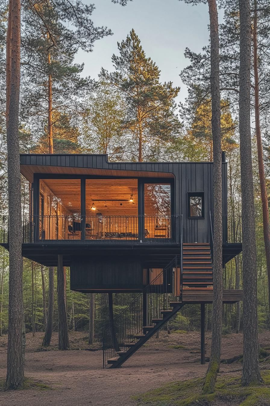 modern treehouse timber cabin home in a stunning pine forest with high trees 3