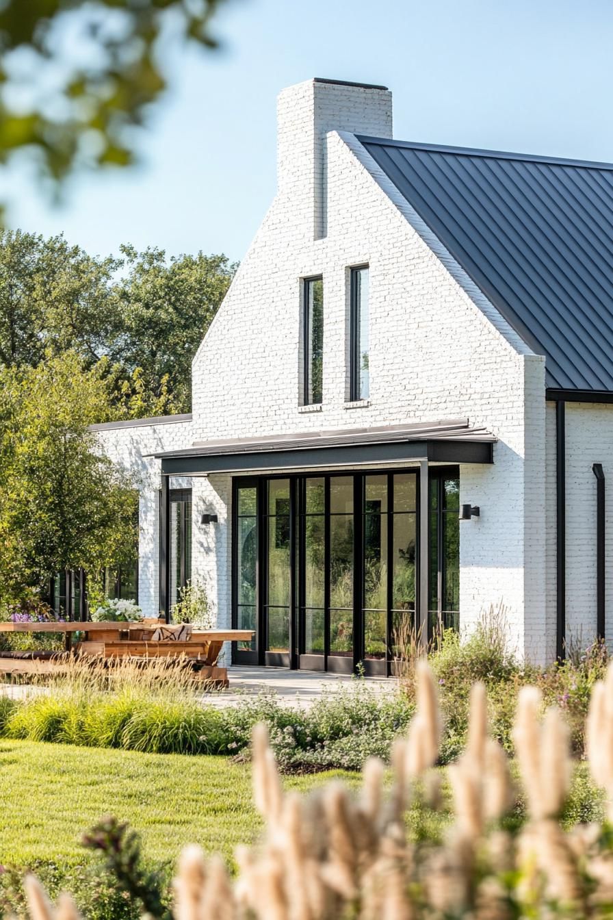 modern rural house facade with whitewashed brick and steel elements on a beautiful farm 1