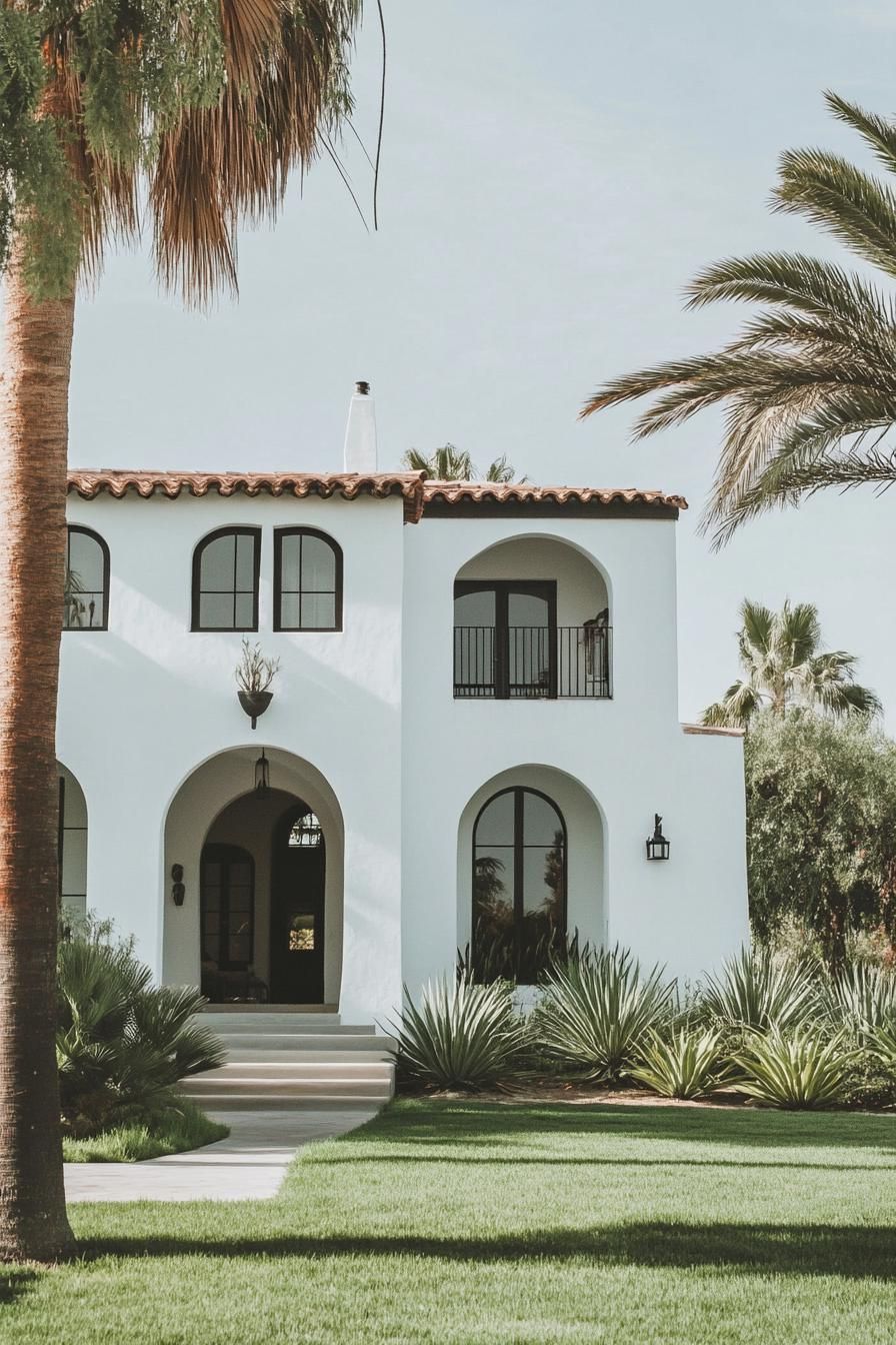 modern white spanish house facade with arches arched modern windows in black trim front yard with green lawn tall palms
