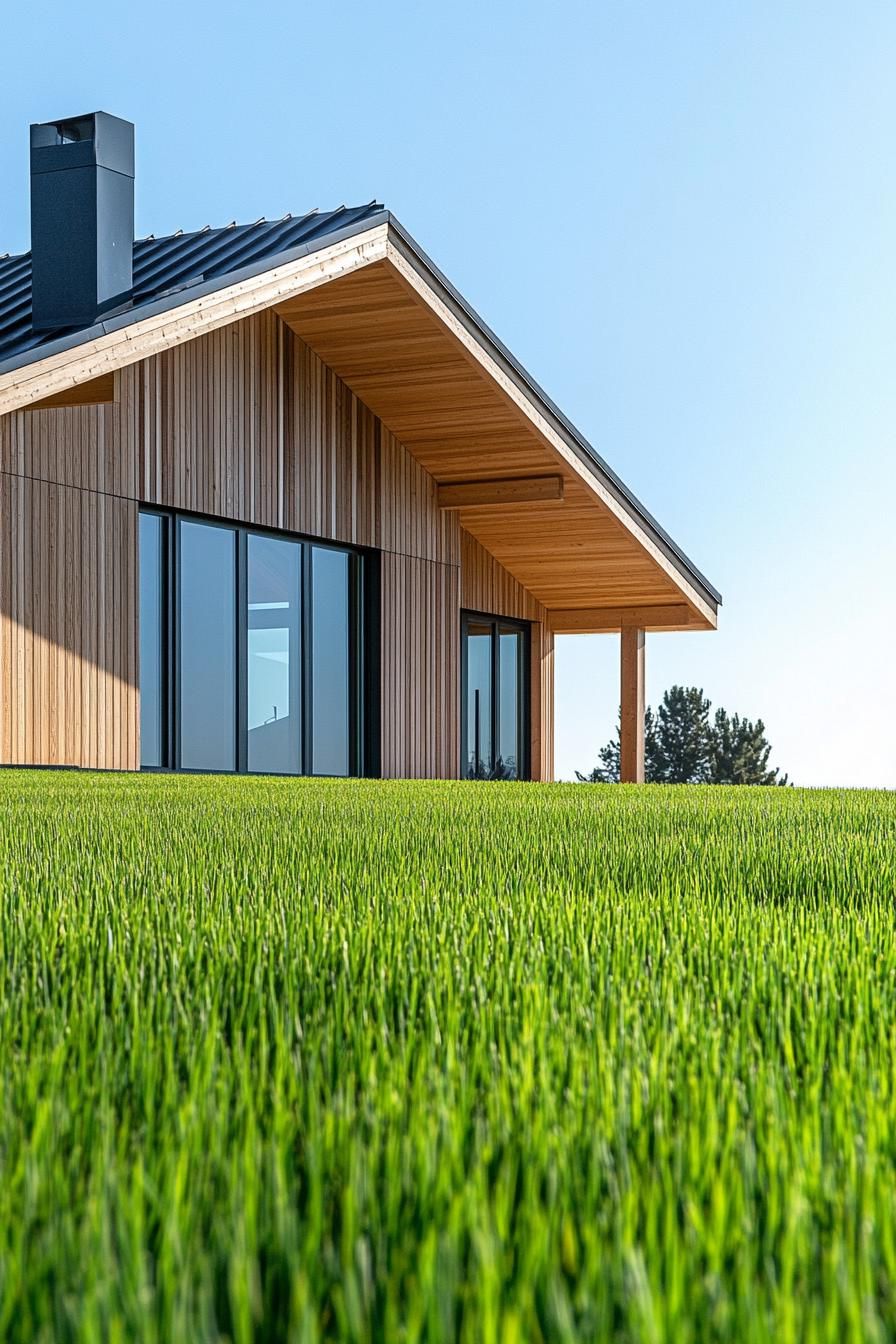 modern rural timber framing house facade with minimalist detailing in front a plain green grass of a homestead 1