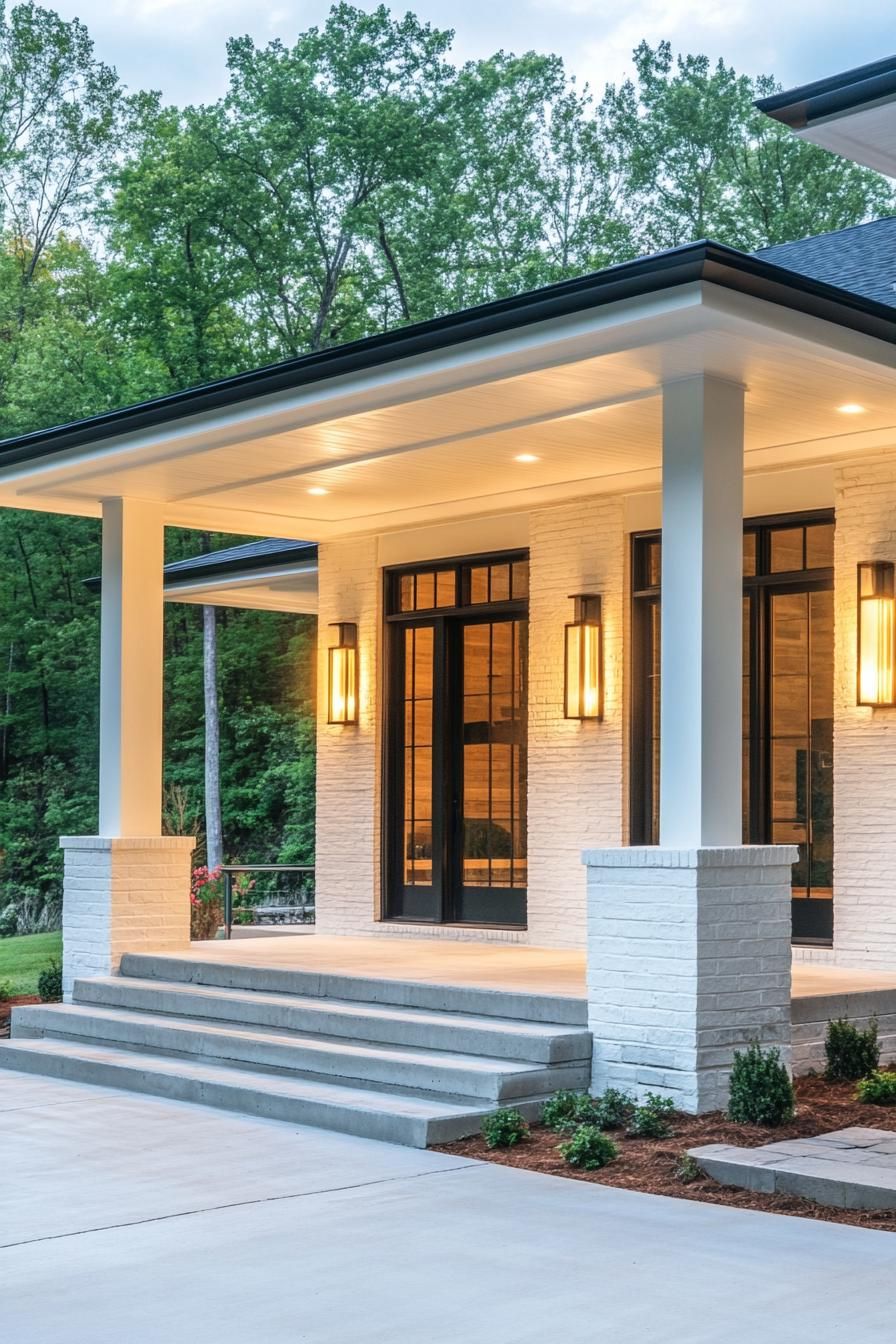 modern 90s style house front porch with retro lighting fixtures lakeside forest landscape 2
