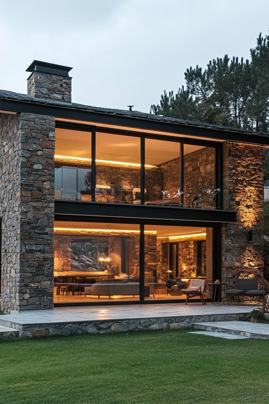 modern rural house stone facade with large glass windows 1