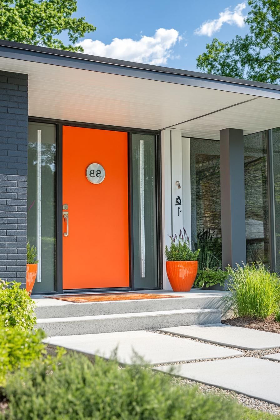 mid century modern house front porch with vibrant orange door and vintage knocker 3