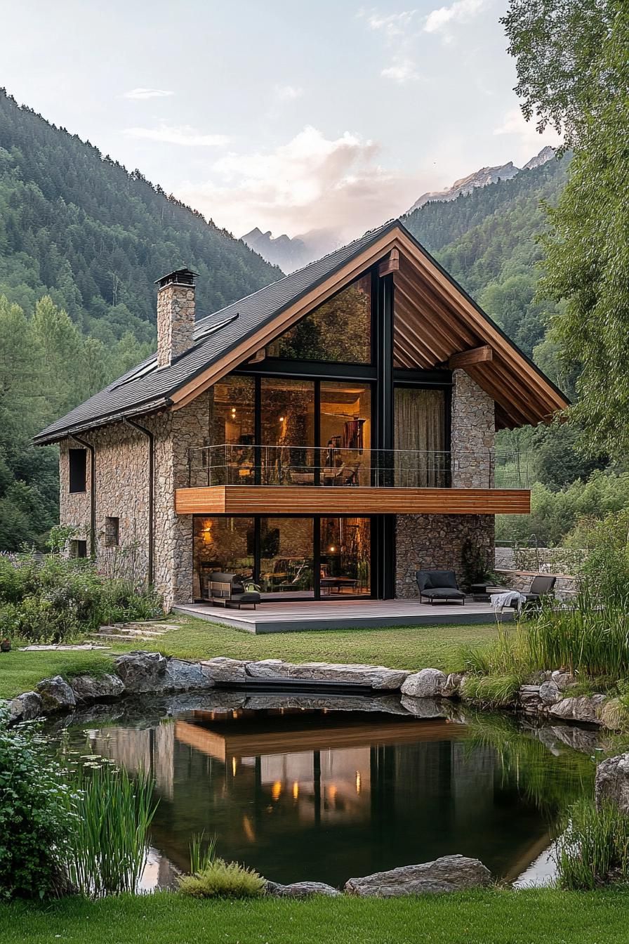 modern French chalet house with Overhanging roof Eaves With Exposed Rafters house by a pond in a green valley 2