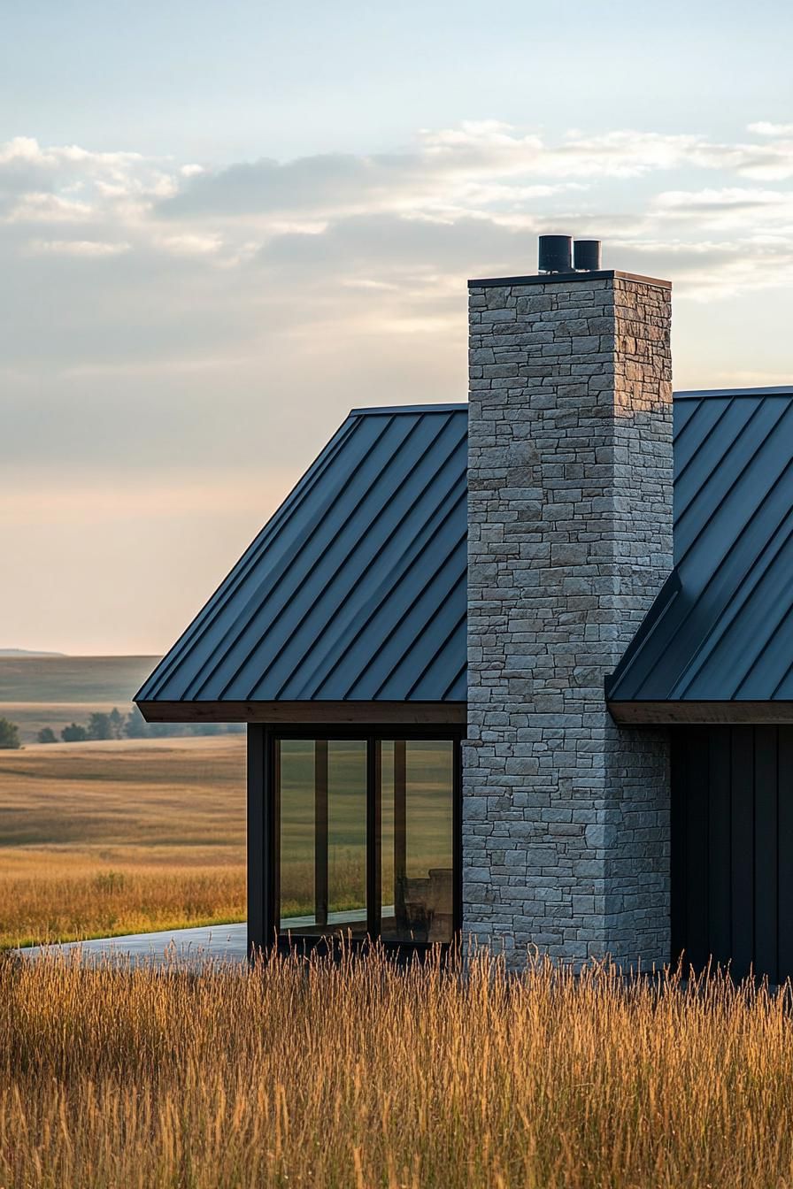 modern rural house facade with stone chimney and metal roof on a stunning prairie ranch