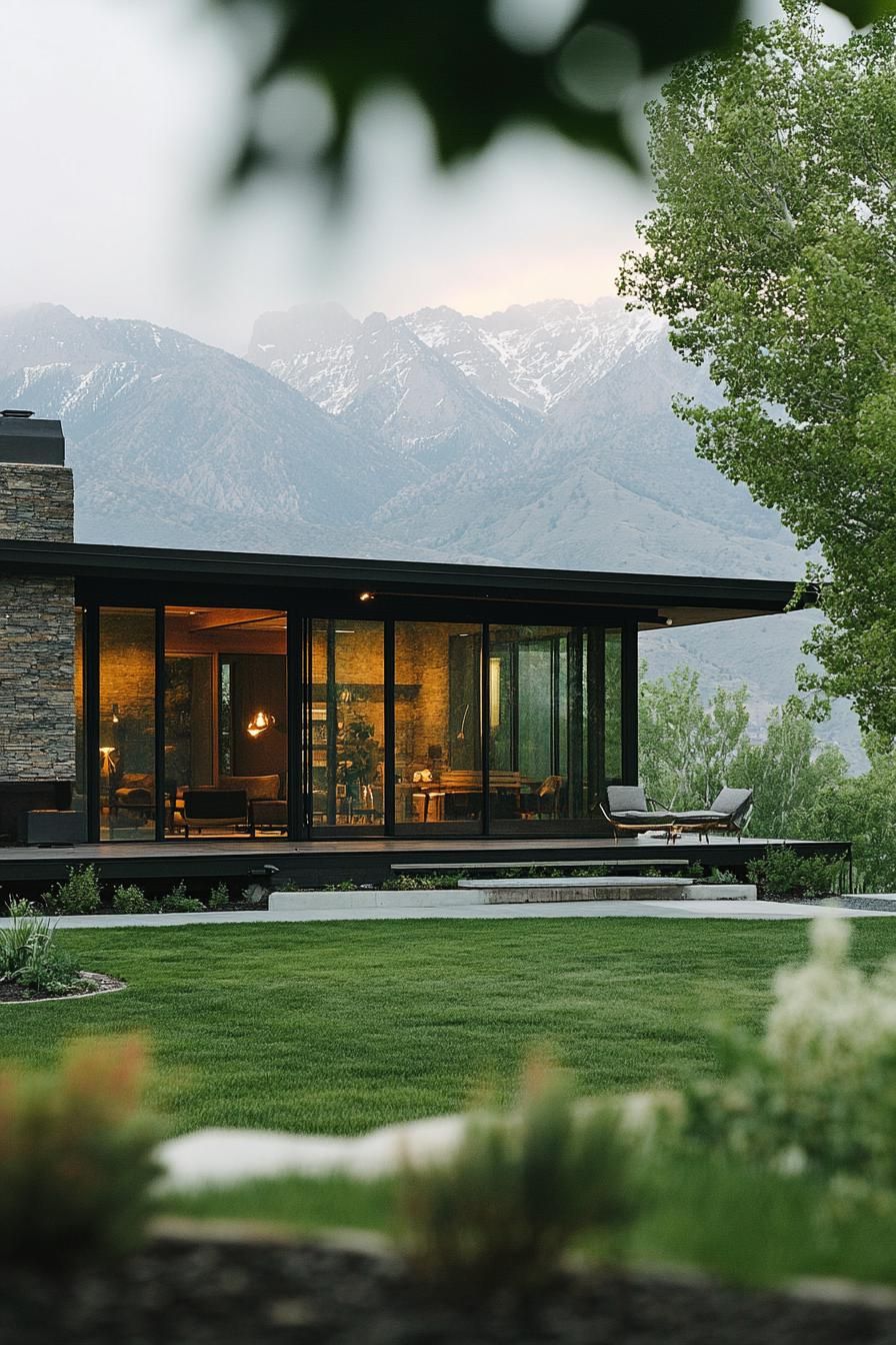 mid century modern house with large windows and sliding doors with front porch stunning mountains in the background 2