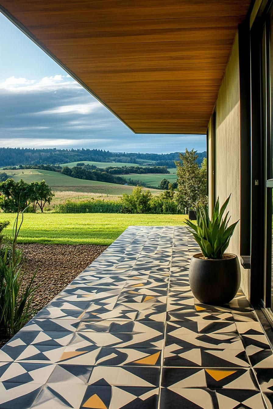 mid century modern house front porch with geometric tile floor green valley in the background 3