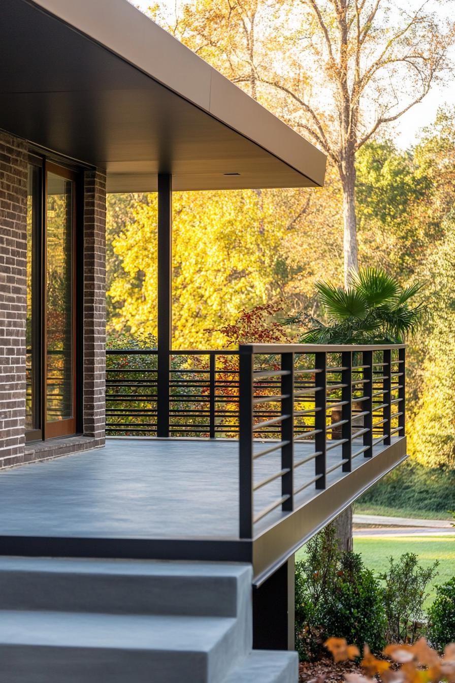 modern century house front porch with metal horizontal railings yard with trees visible 2