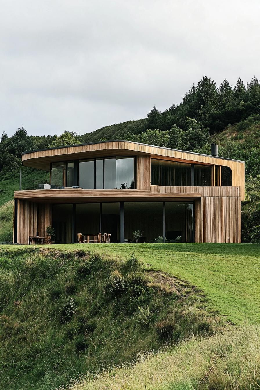 modern earth bermed house with wood cladding facade built into a hill in picturesque New Zealandean valley