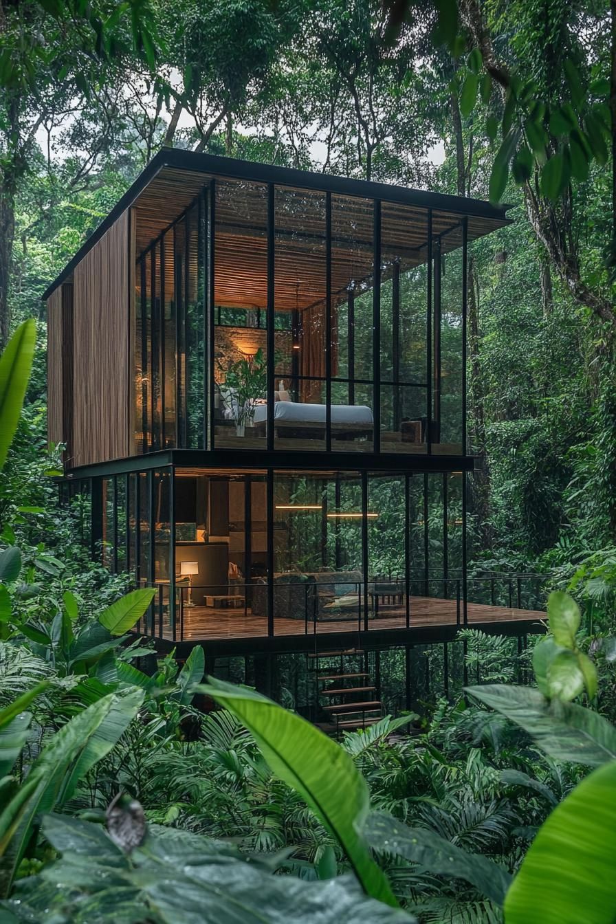 modern timber cabin with glass walls in lush tropical forest 2