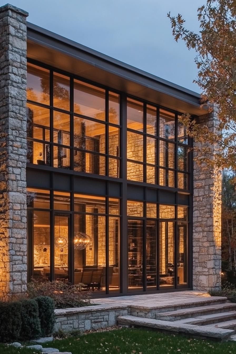 modern rural house stone facade with large glass windows 3