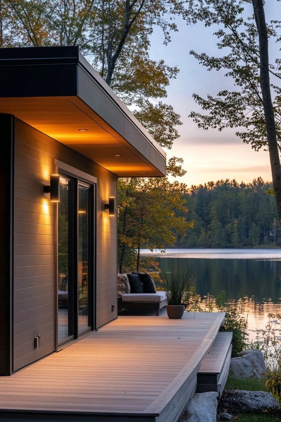 modern 90s style house front porch with retro lighting fixtures lakeside forest landscape 1