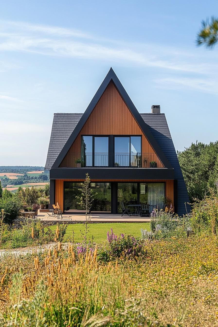 modern French chalet house A frame facade with panoramic windows green provencal fields in the background 3