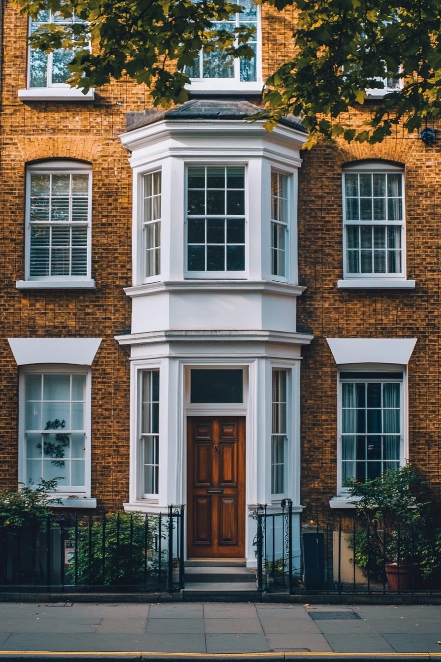 modern 90s style townhouse facade with bay windows uptown London street