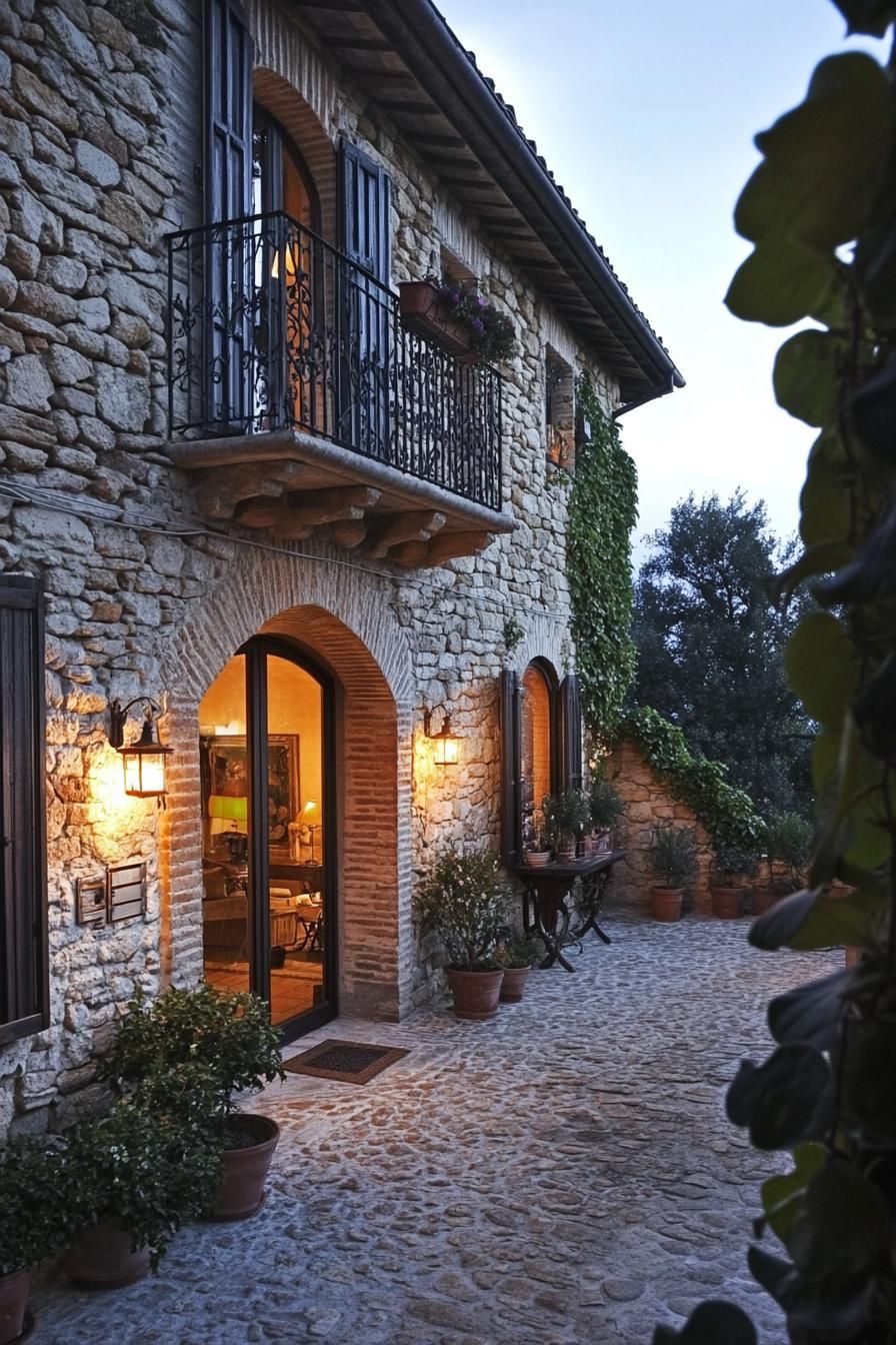 mediterranean inner courtyard house with stone mosaic siding arched doors windows with shutters iron balcony lamp fixtures stone mosaic tile