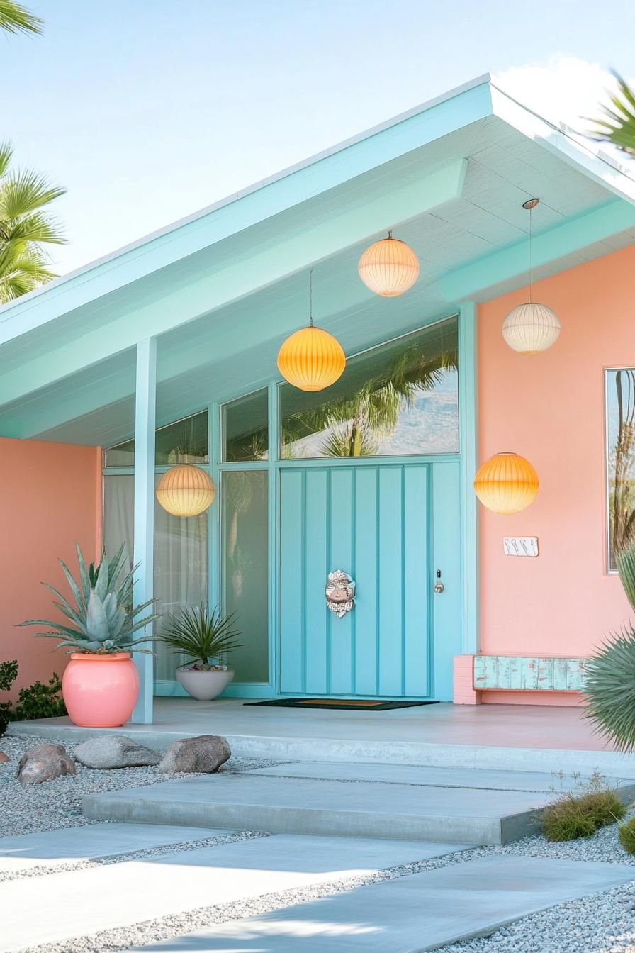 modern 70s style house front porch with retro lighting fixtures in pastel colors 3
