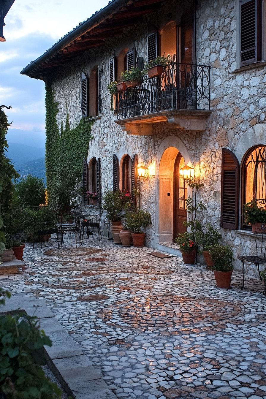 mediterranean inner courtyard house with stone mosaic siding arched doors windows with shutters iron balcony lamp fixtures stone mosaic tile 2