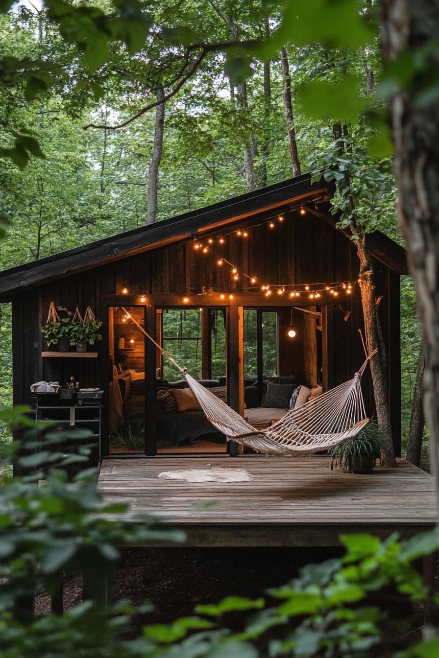 modern weathered timber cabin with porch and hammock string lights natural tree shade boho vibes 3