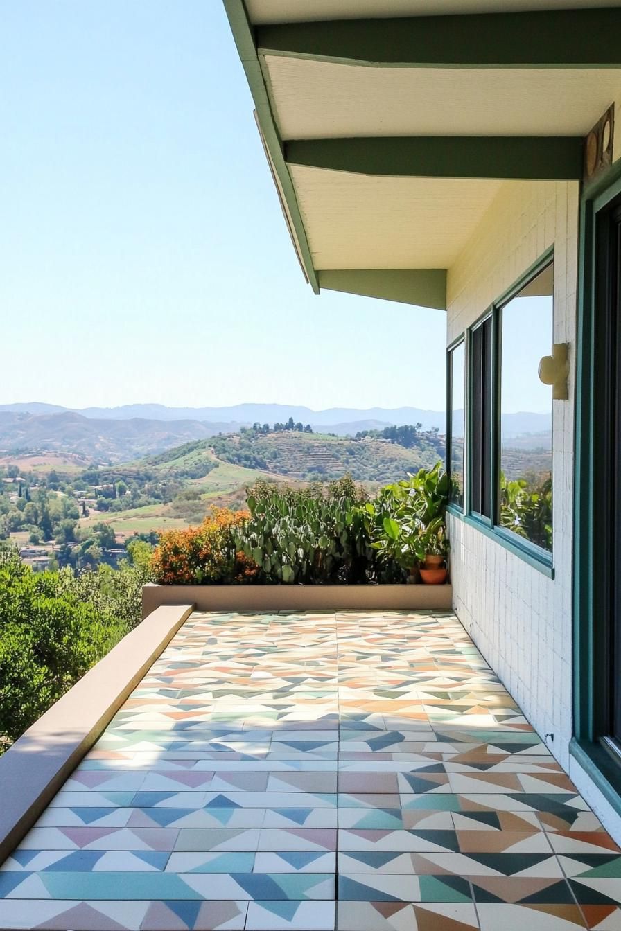 mid century modern house front porch with geometric tile floor green valley in the background 1