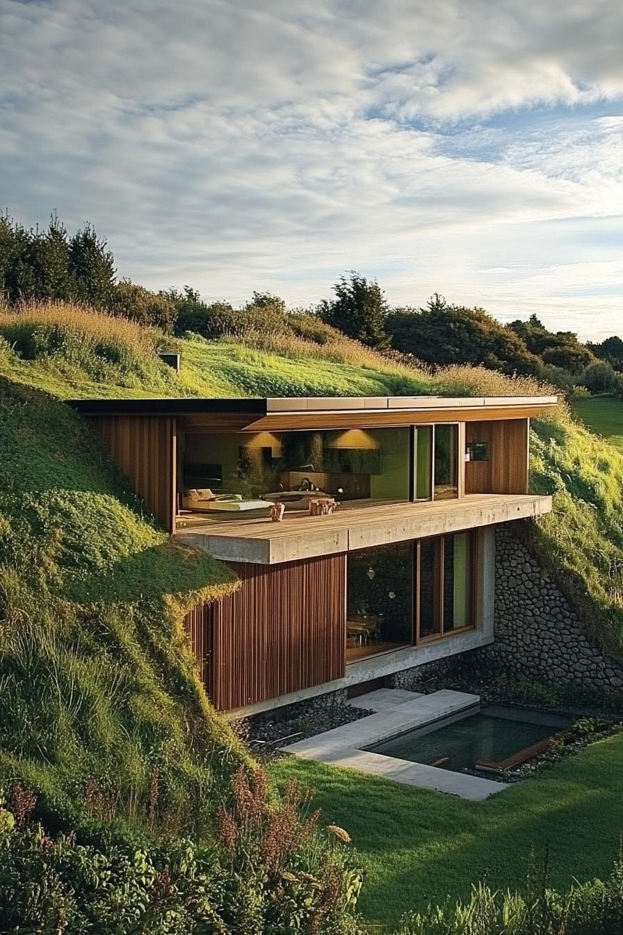 modern earth bermed house with wood cladding facade built into a hill in picturesque New Zealandean valley 1