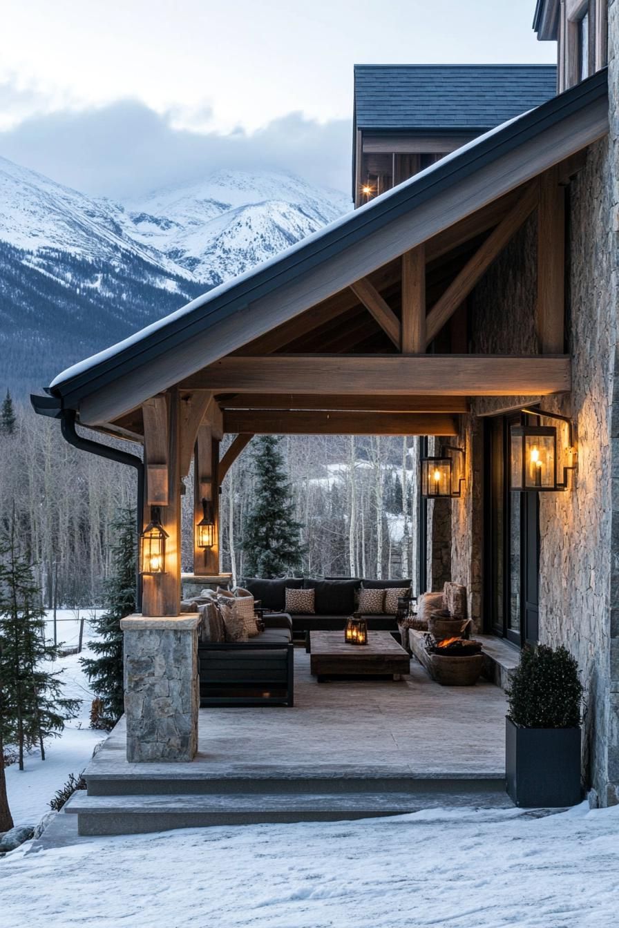 modern French chalet house covered front porch with cozy seating and lantern lighting frontal view snowy mountains in the background 1