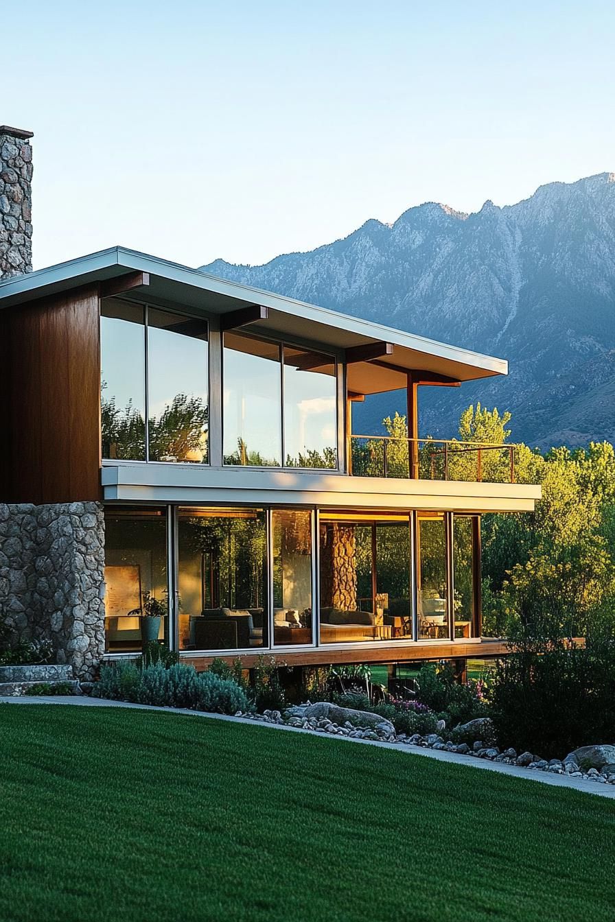 mid century modern house with large windows and sliding doors with front porch stunning mountains in the background