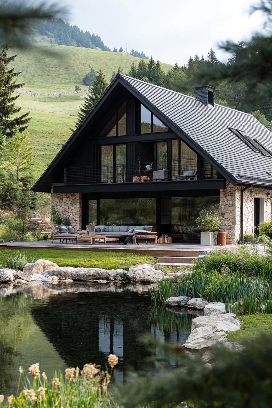 modern French chalet house with Overhanging roof Eaves With Exposed Rafters house by a pond in a green valley